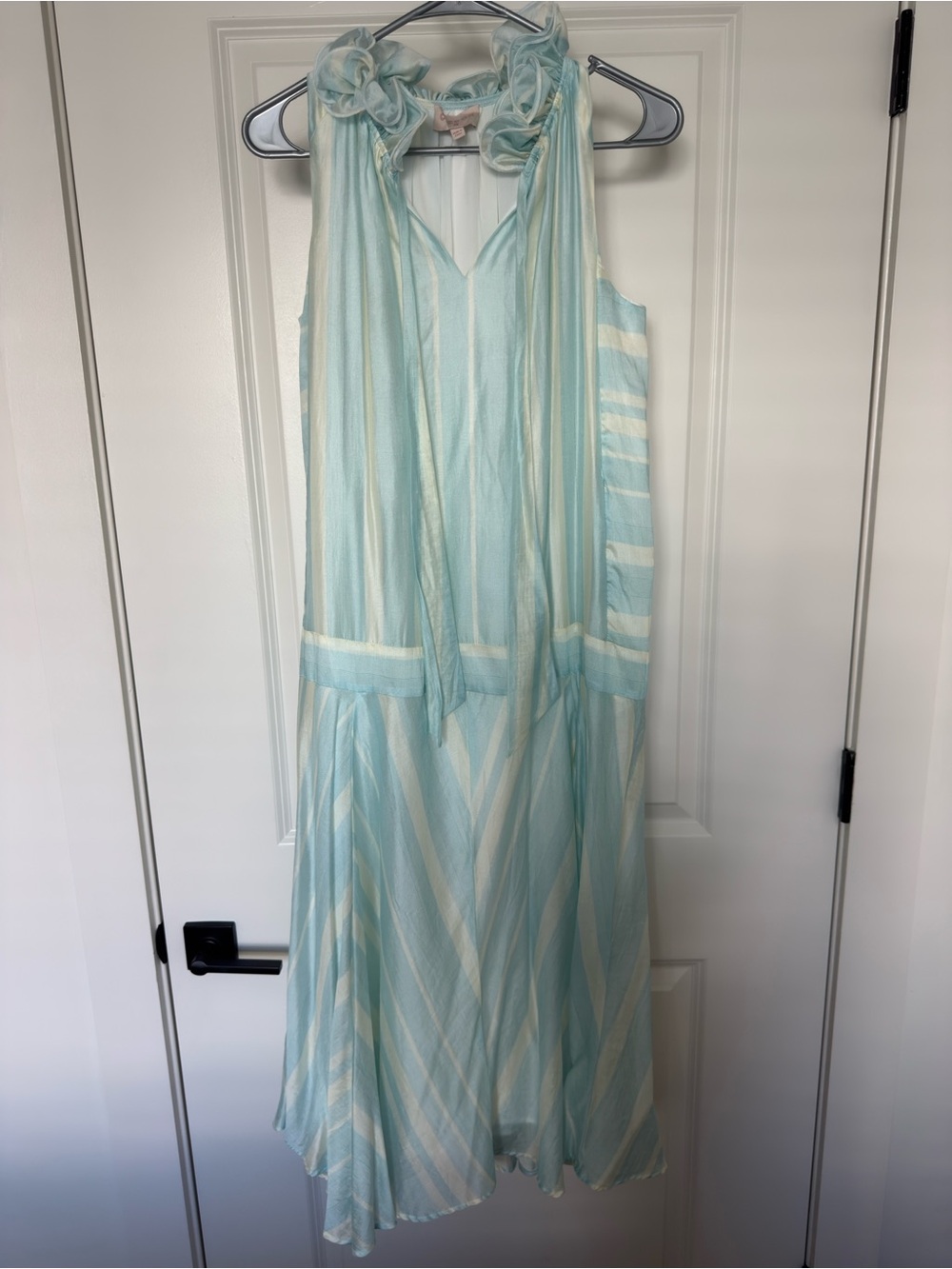 Ciebon Light Blue & White Striped Halter Midi Dress with Floral Neck Ties